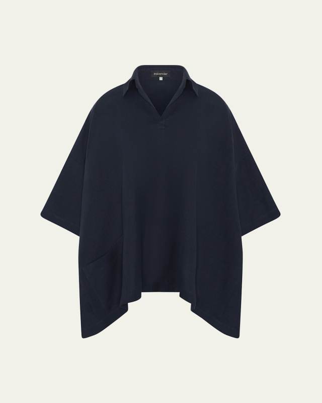 Angle-To-Front Side Seam Short Sleeve Tunic with Collar (Long Length)